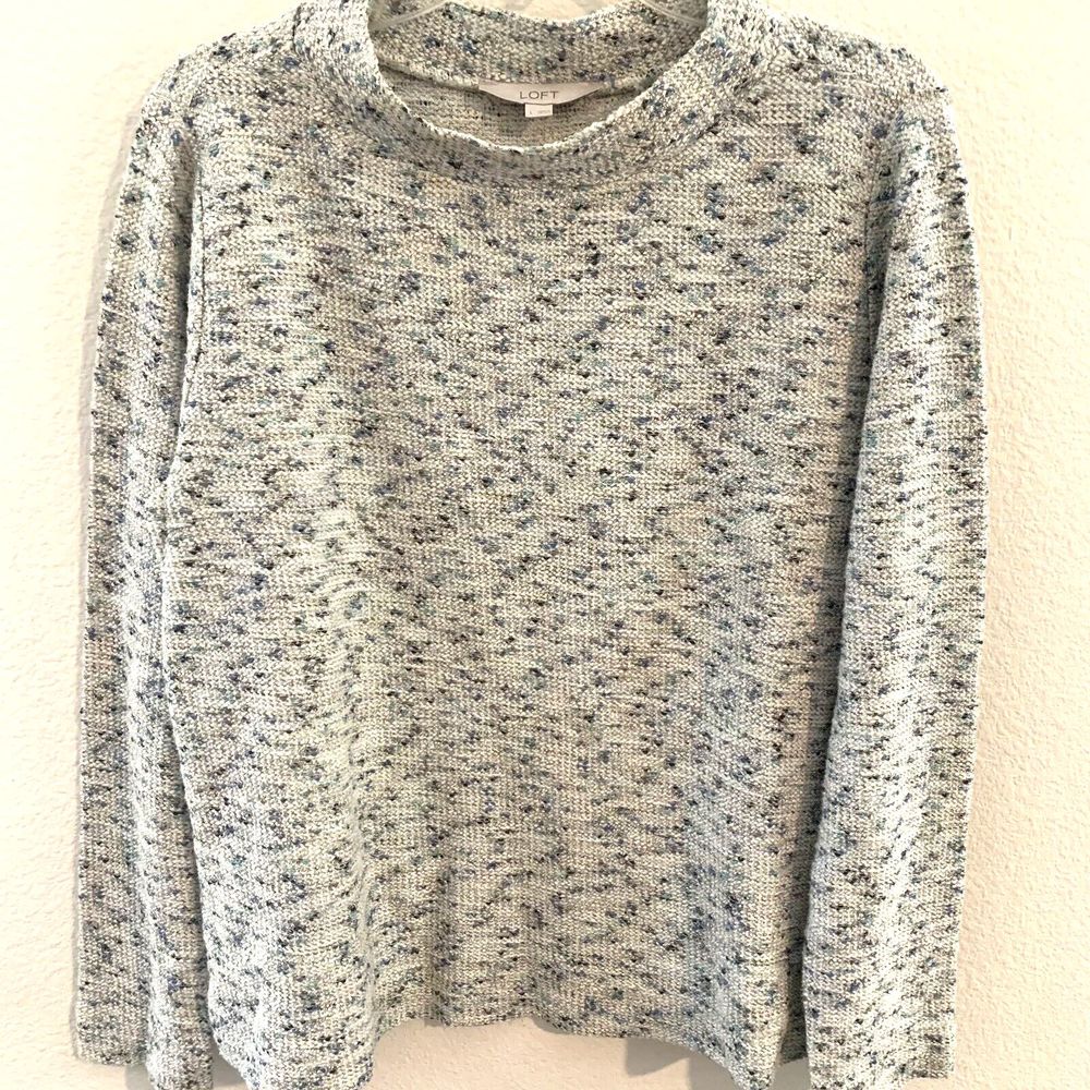 LOFT Sweater Large Gray Boucle Metallic Mock Neck Long Sleeve Cotton